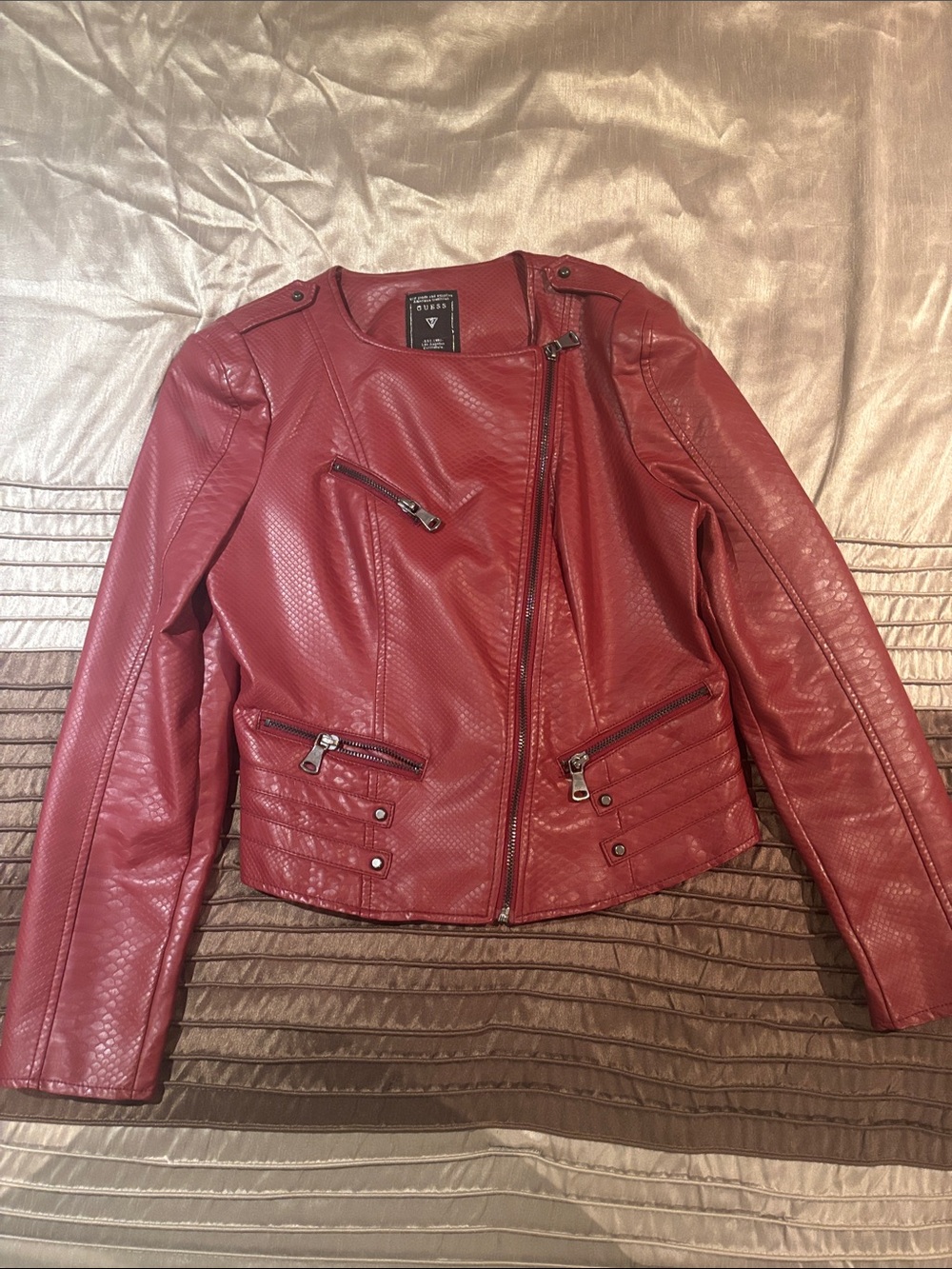 Guess Red Faux Leather Moto Jacket with Zip Details